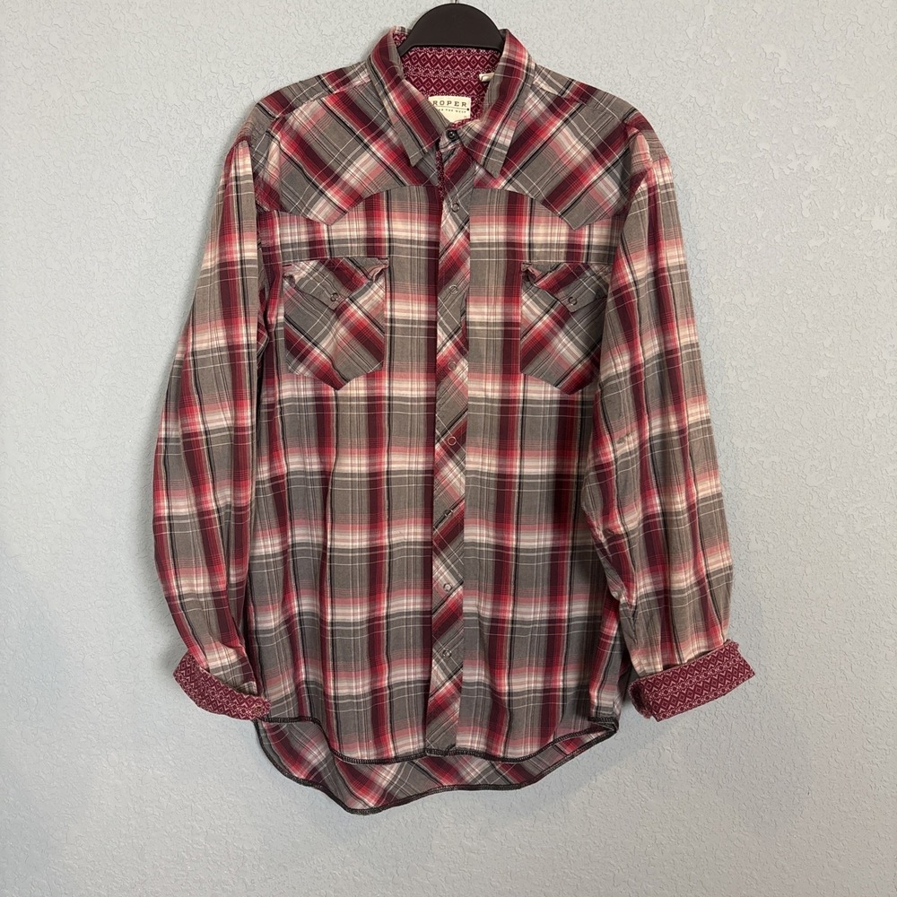 Roper Shirt Mens XL Red Gray Plaid Snap Metallic Western Flip Cuff
